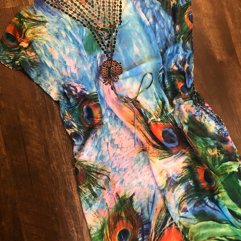 Peacock Feather Aqua Blue Green Kaftan Kimono - Picture 6 of 6